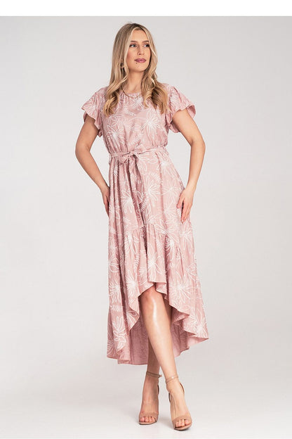 Elegant Figl midi dress featuring a floral motif with embossed texture, showcasing a round neckline and ruffle sleeves.