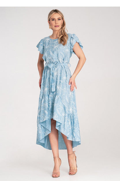 Back view of the Figl midi dress demonstrating the elegant button closure and waist-tie detail for a flattering silhouette.