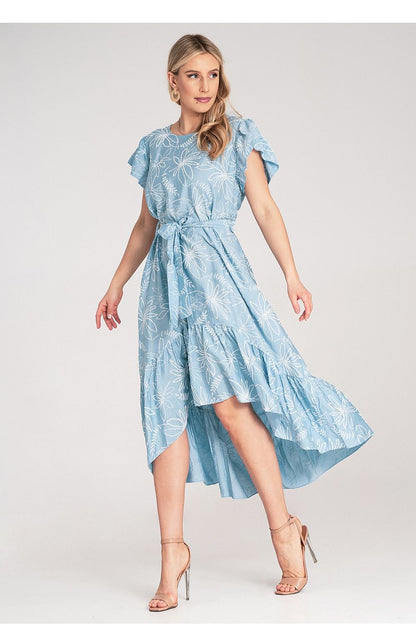 Asymmetric hem of the Figl floral midi dress, highlighting its luxurious ruffle design and lightweight fabric.