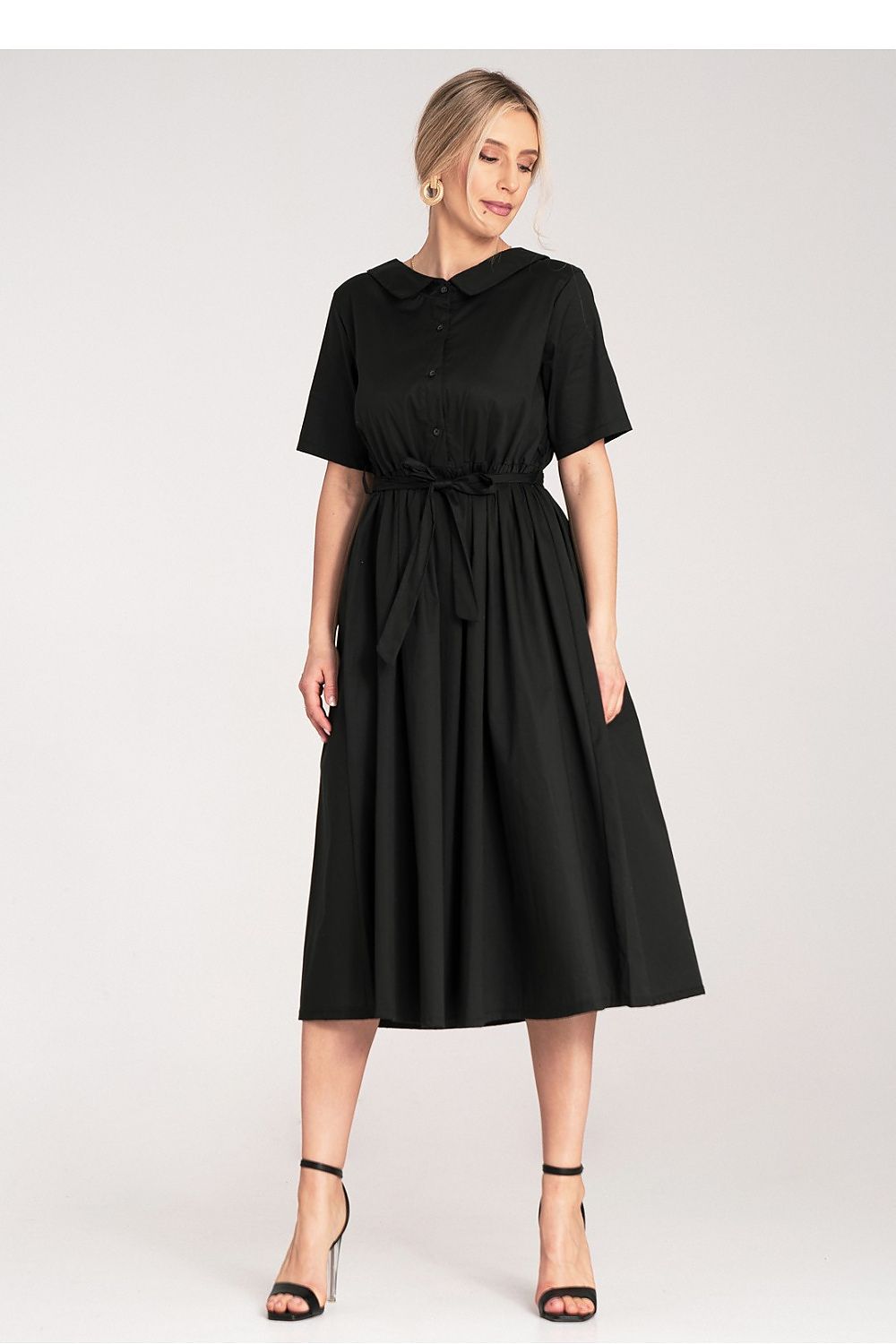 Elegant midi-length cotton daydress by Figl, showcasing an A-line silhouette with a flattering flared bottom and soft rounded collar.