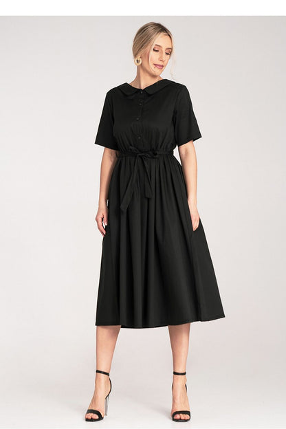 Elegant midi-length cotton daydress by Figl, showcasing an A-line silhouette with a flattering flared bottom and soft rounded collar.