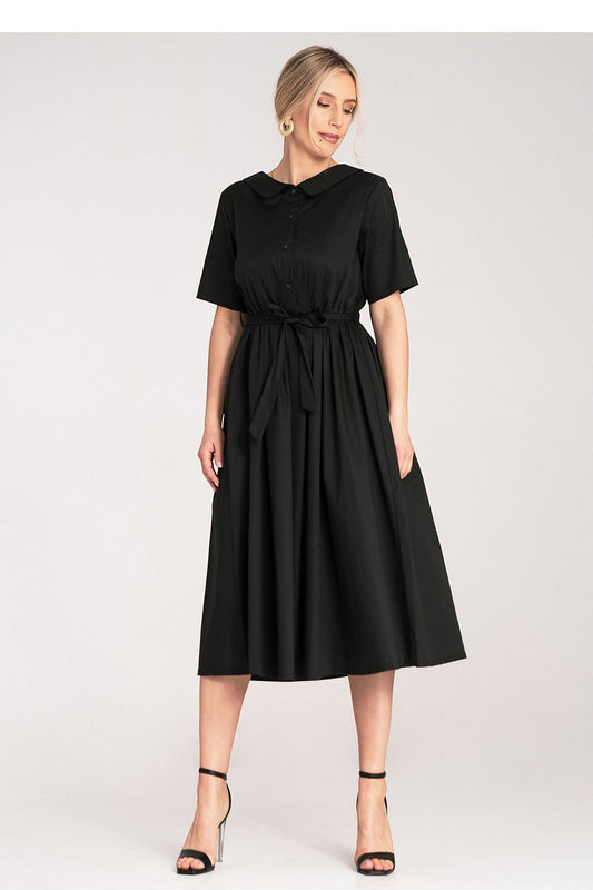 Elegant midi-length cotton daydress by Figl, showcasing an A-line silhouette with a flattering flared bottom and soft rounded collar.