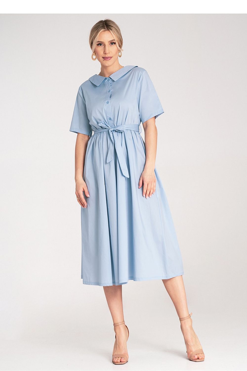 Elegant cotton midi-length daydress by Figl showcasing A-line silhouette and belt, perfect for luxurious summer occasions.
