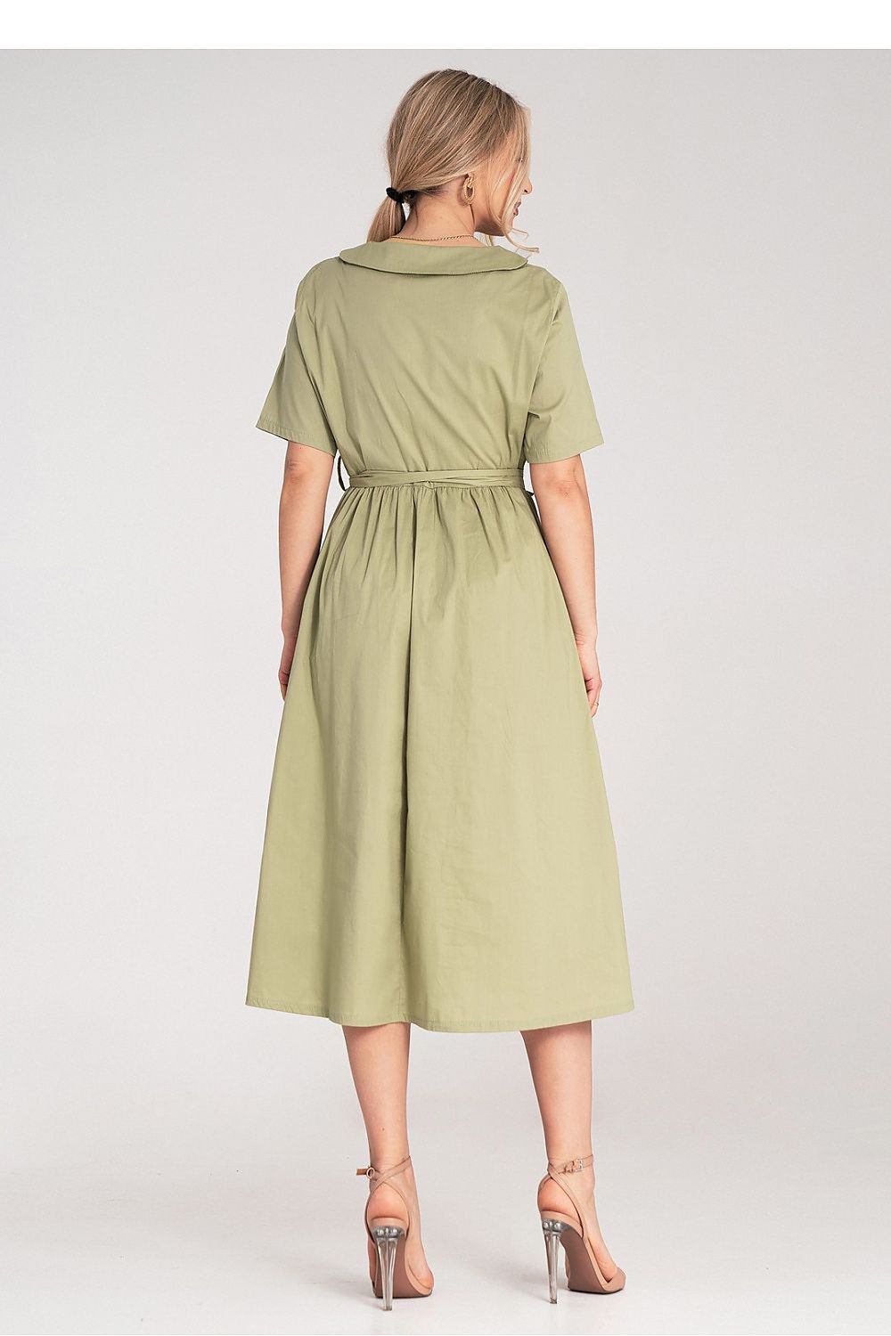 Elegant midi-length cotton daydress by Figl, featuring a classic A-line silhouette, soft rounded collar, and short sleeves, ideal for sophisticated summer outings.