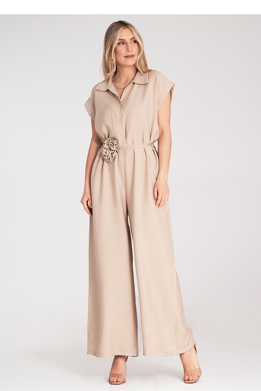 Elegantly designed Figl Floral Detail Wide-Leg Jumpsuit with Collar in viscose, showcasing its floral belt and loose fit, perfect for sophisticated occasions.