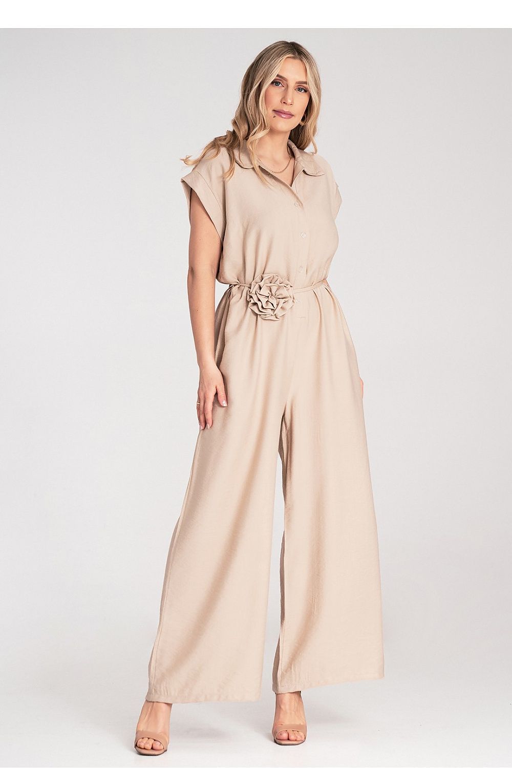 Chic Figl Floral Detail Wide-Leg Jumpsuit featuring button fastening and short sleeves, crafted from luxurious viscose for stylish comfort.