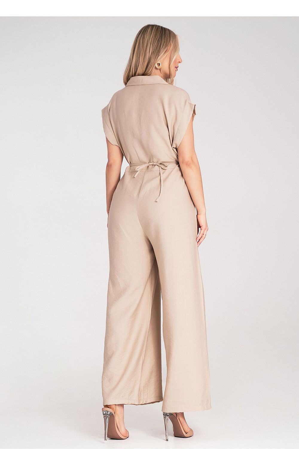 Detail of Figl Wide-Leg Jumpsuit with collar and floral application, ideal for a classy and fashionable wardrobe upgrade, with EU sizes available.