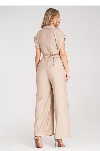 Detail of Figl Wide-Leg Jumpsuit with collar and floral application, ideal for a classy and fashionable wardrobe upgrade, with EU sizes available.