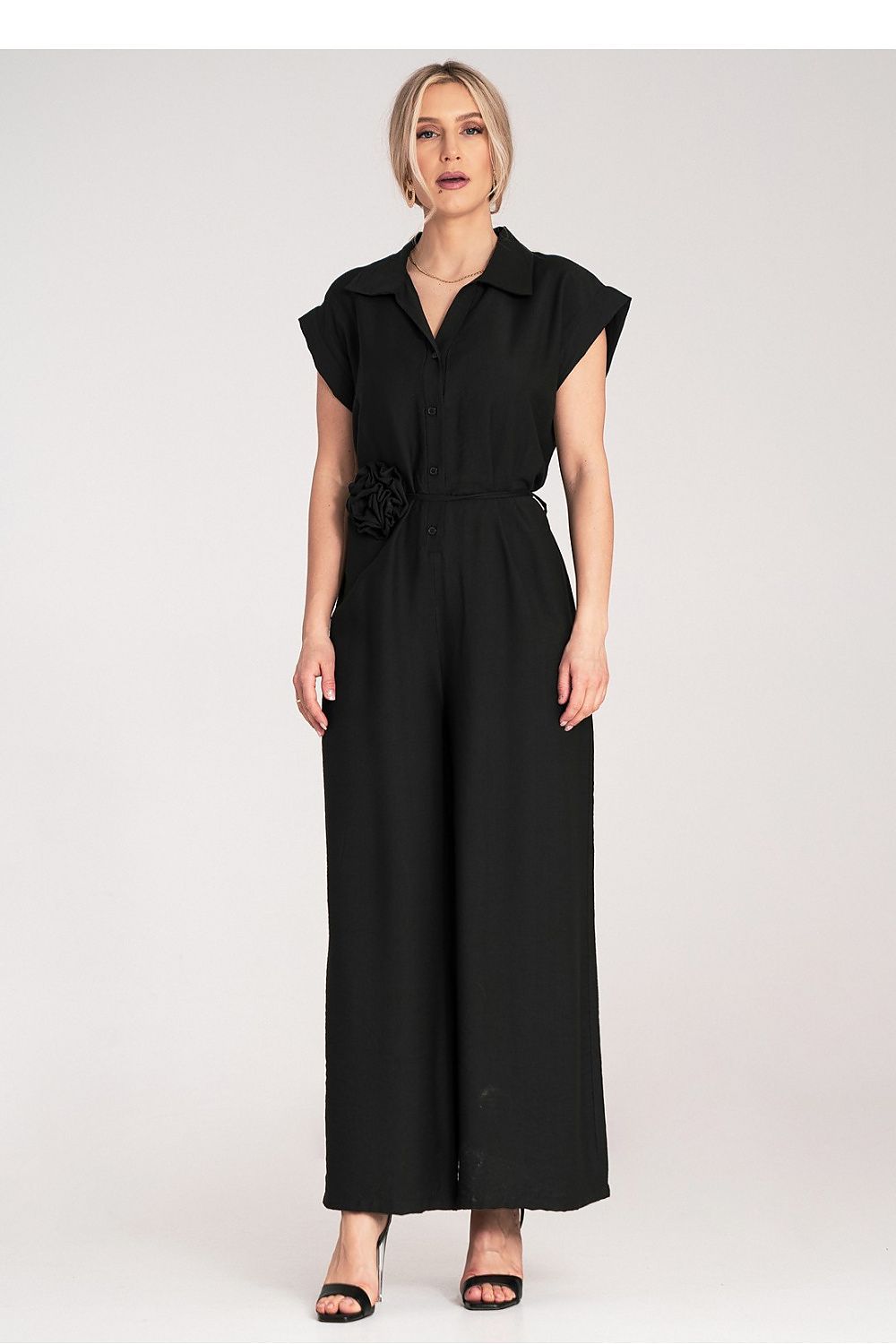 Stylish Figl jumpsuit with wide legs and decorative floral application at the waist, crafted from smooth viscose, showcased in size EU 0.