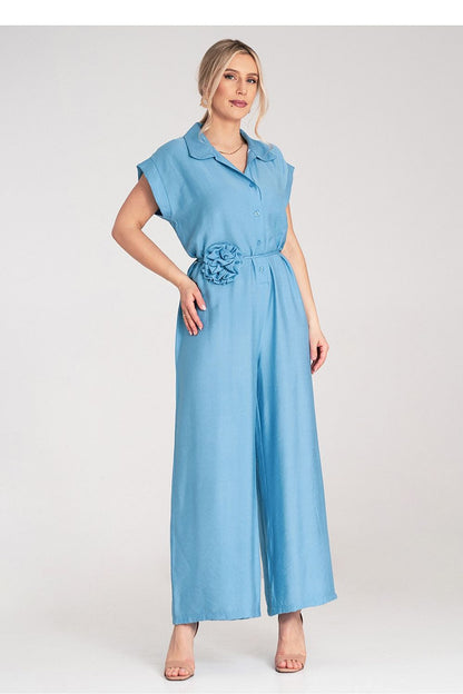 Elegant Figl Floral Detail Wide-Leg Jumpsuit featuring a classic collar and short sleeves, crafted from light viscose fabric for a luxurious feel.