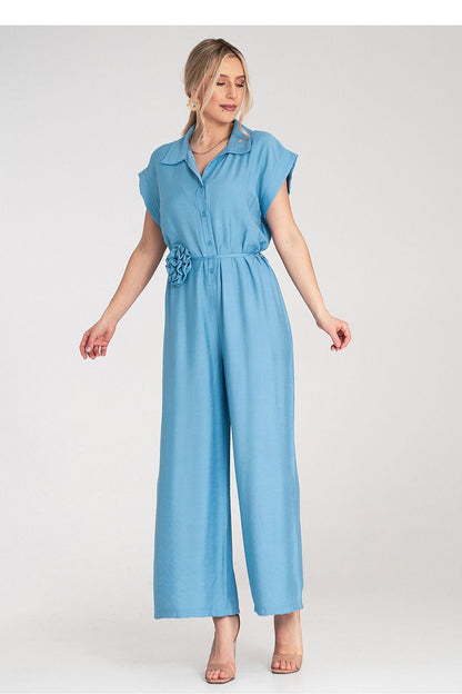 Stylish close-up of the collar and cuff detailing on the Figl Wide-Leg Jumpsuit, representing sophistication and comfort in high-quality viscose.