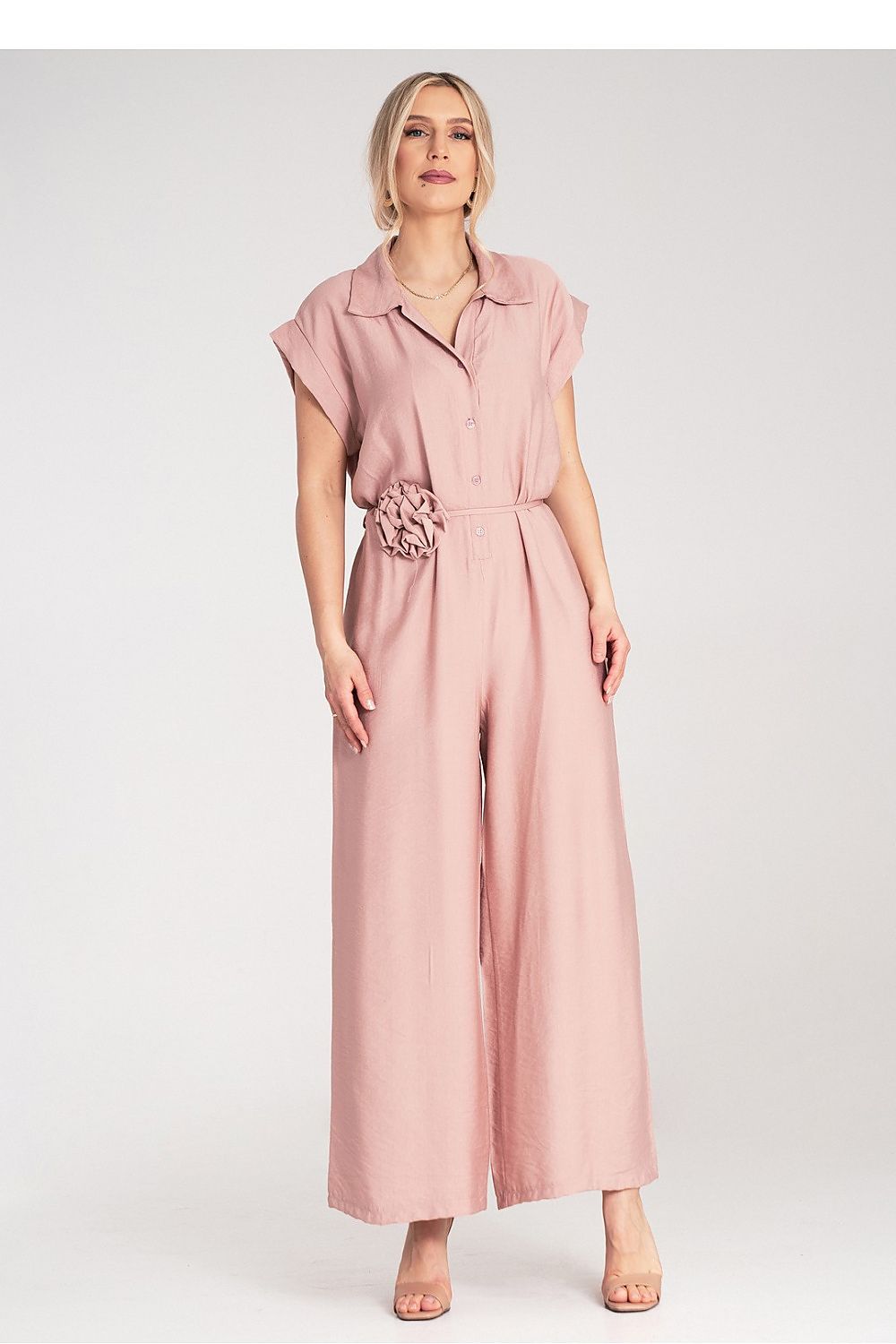 Full-length side view of the Figl Wide-Leg Jumpsuit, demonstrating its elegant flow and ideal fit for sophisticated occasions.