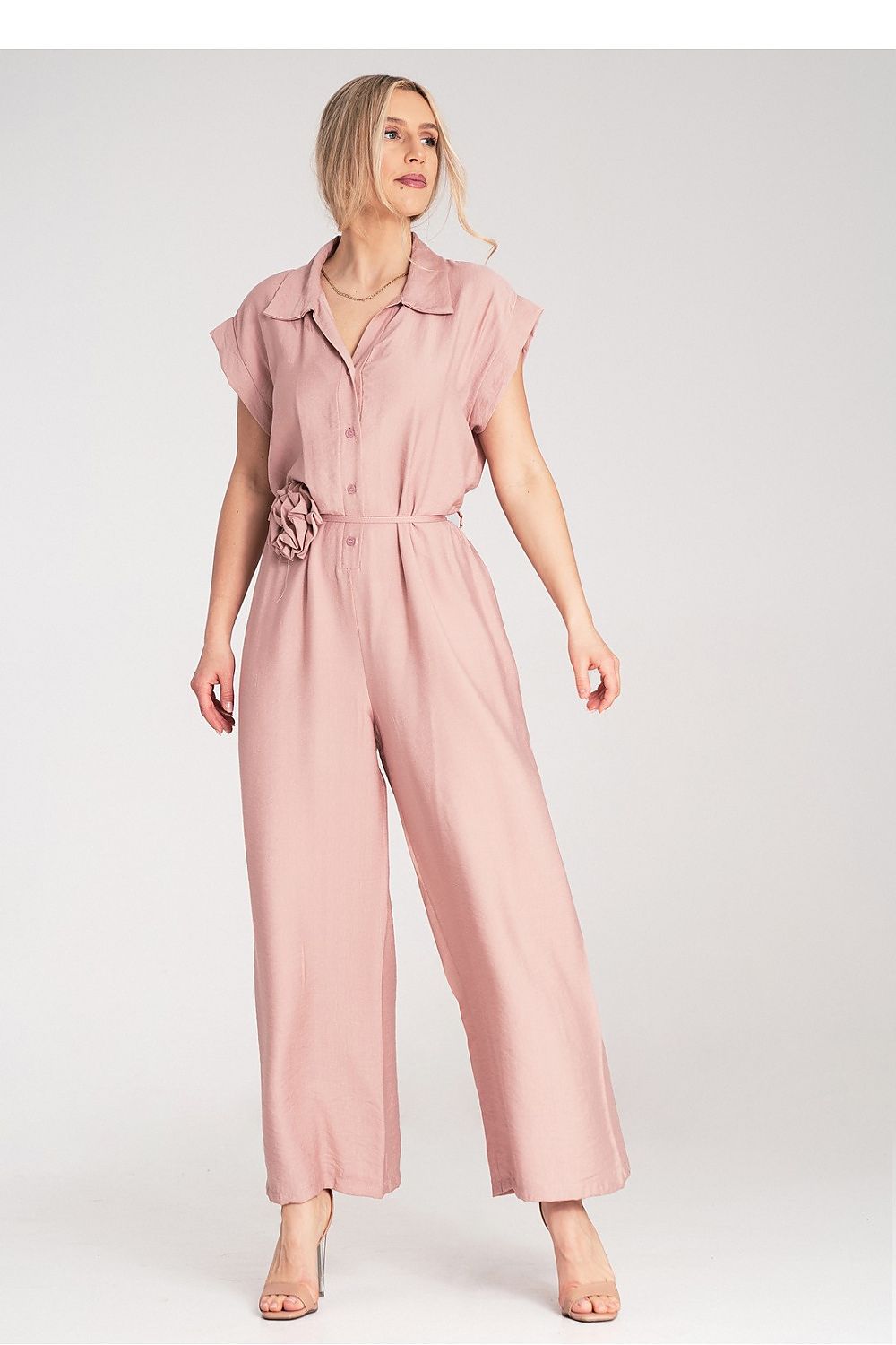 Figl Floral Detail Wide-Leg Jumpsuit showcasing its elegant viscose fabric, designed for a luxurious look with a collar and short sleeves.