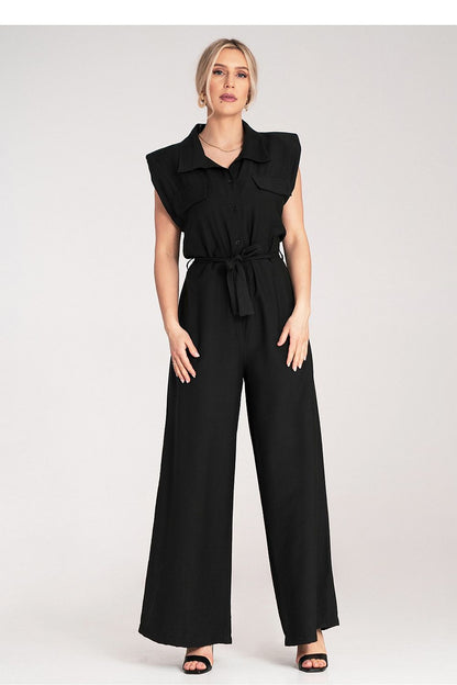 Luxurious Figl jumpsuit featuring wide legs, padded shoulders, and a stylish tied belt, perfect for elegant occasions.
