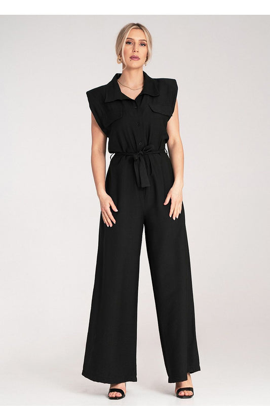 Luxurious Figl jumpsuit featuring wide legs, padded shoulders, and a stylish tied belt, perfect for elegant occasions.