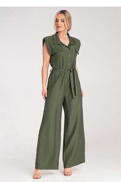 Luxury Figl jumpsuit featuring wide legs, a collar, padded shoulders, and a tied belt, in breathable viscose fabric, EU Size 0.