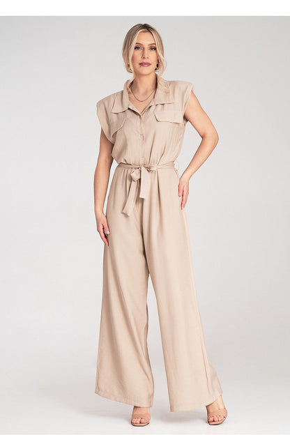 Luxury Figl jumpsuit featuring wide legs and a sophisticated collar, showcasing padded shoulders and a tied belt for an elegant silhouette.