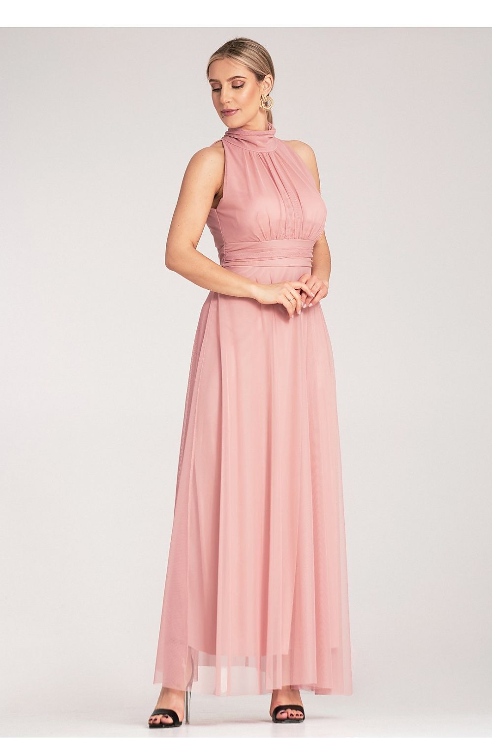 Luxury Figl Maxi Halter Neck Cocktail Dress displaying flattering gathered waist and elegant neckline for a sophisticated silhouette.