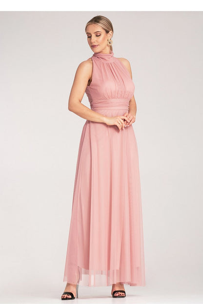 Luxury Figl Maxi Halter Neck Cocktail Dress displaying flattering gathered waist and elegant neckline for a sophisticated silhouette.