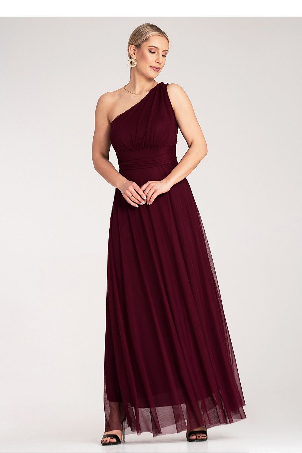 Elegant Asymmetrical Maxi Dress by Figl featuring a flowy design and intricate ruching at the waist, perfect for a luxury outfit.