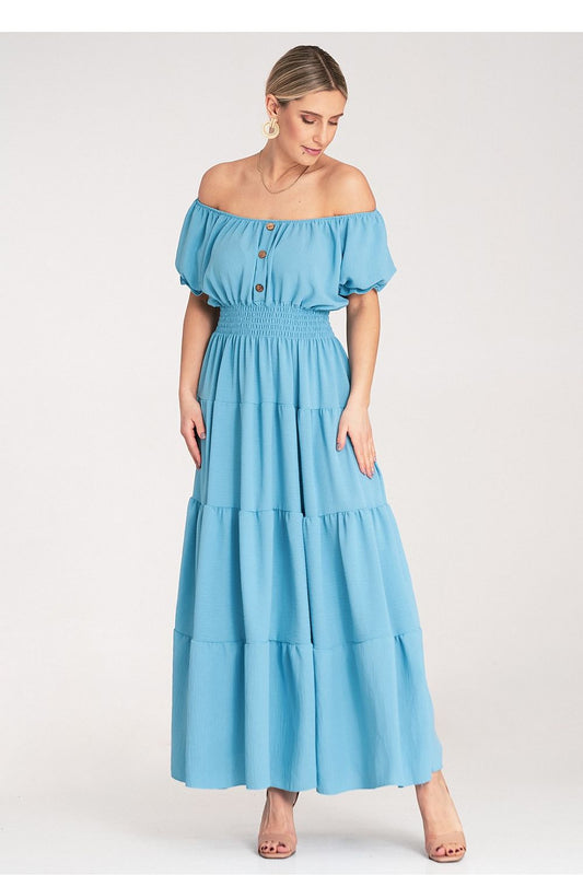 Elegant luxury summer maxi dress by Figl featuring a Spanish neckline and sophisticated puff sleeves, tailored for EU size 0.