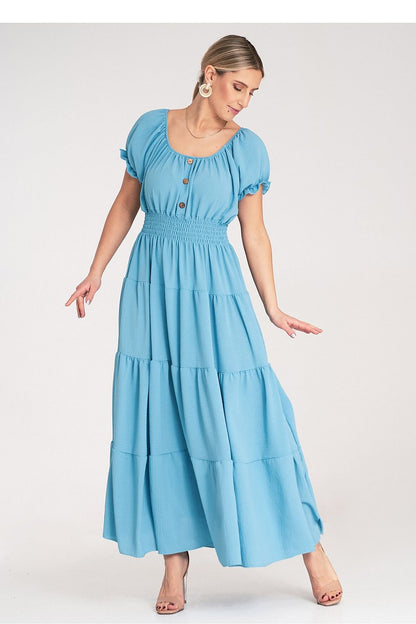 Model showcases the Figl summer maxi dress in EU size 0, emphasizing its graceful appeal and flattering fit.