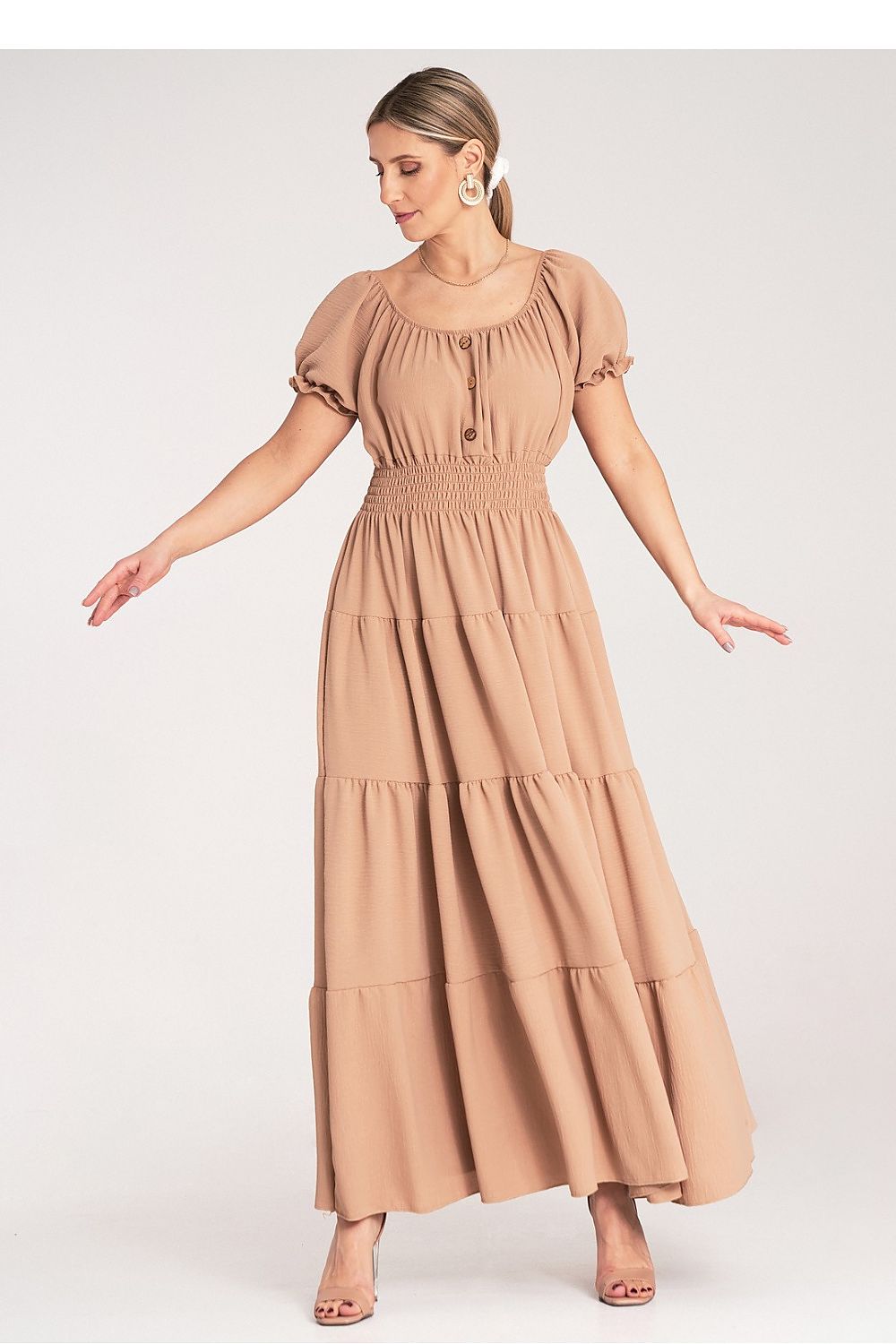 Stunning display of the Figl luxury summer maxi dress highlighting the puffed sleeves and elegant A-line shape, perfect for summer outings.