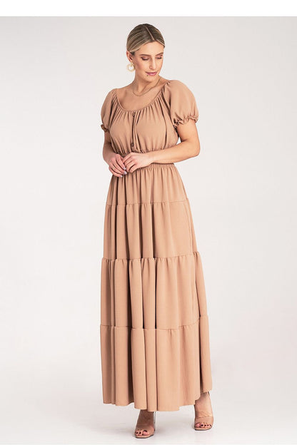 Elegant luxury summer maxi dress by Figl featuring a Spanish neckline and puff sleeves, perfect for summertime outings.