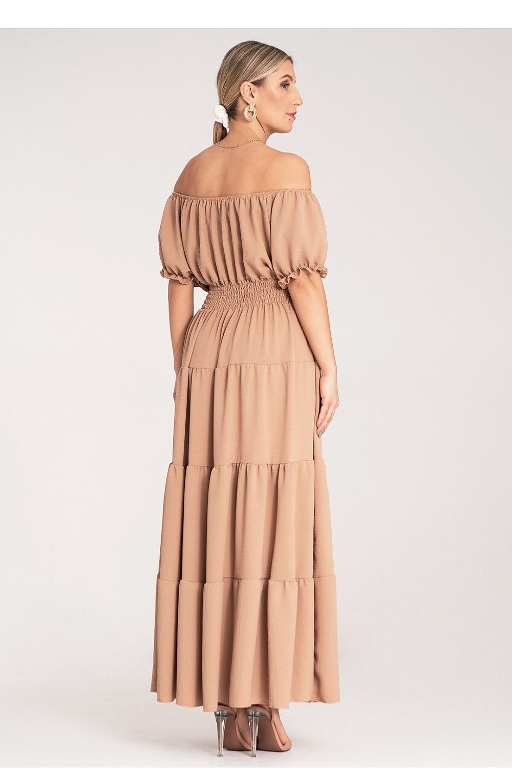 Detailed close-up of Figl's luxury summer maxi dress showcasing decorative buttons and gathers on the bust.