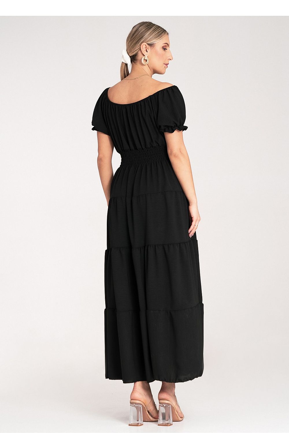 Luxury summer maxi dress by Figl featuring a Spanish neckline and elegant puff sleeves, perfect for stylish summer outings.