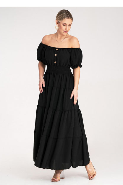 Elegant flared design of the Figl luxury maxi dress, showcasing decorative buttons and gathers on the bust for added sophistication.