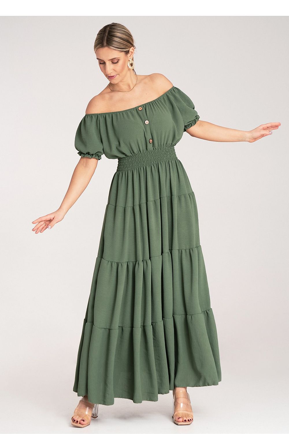 Side view of Figl's stylish summer maxi dress with elastic waist, highlighting a beautiful flared bottom and layered fabric.