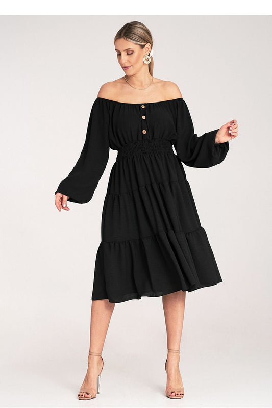 Elegant Figl midi dress featuring a luxurious Spanish neckline and ruched top, accented with wooden buttons, perfect for sophisticated daytime wear.