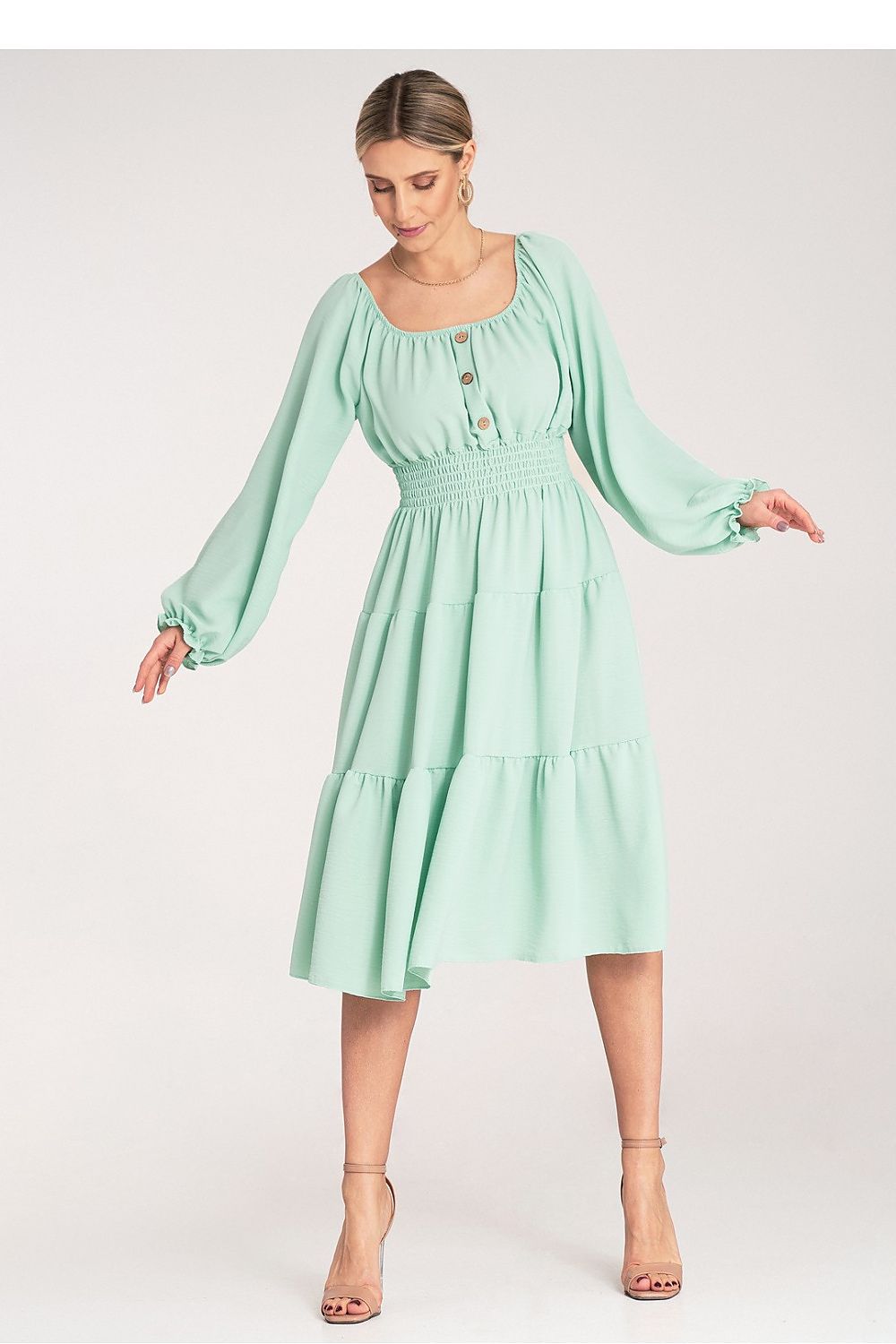 Chic Figl elegant midi daydress featuring a luxurious Spanish neckline and stylish ruched top, crafted from high-quality polyester.