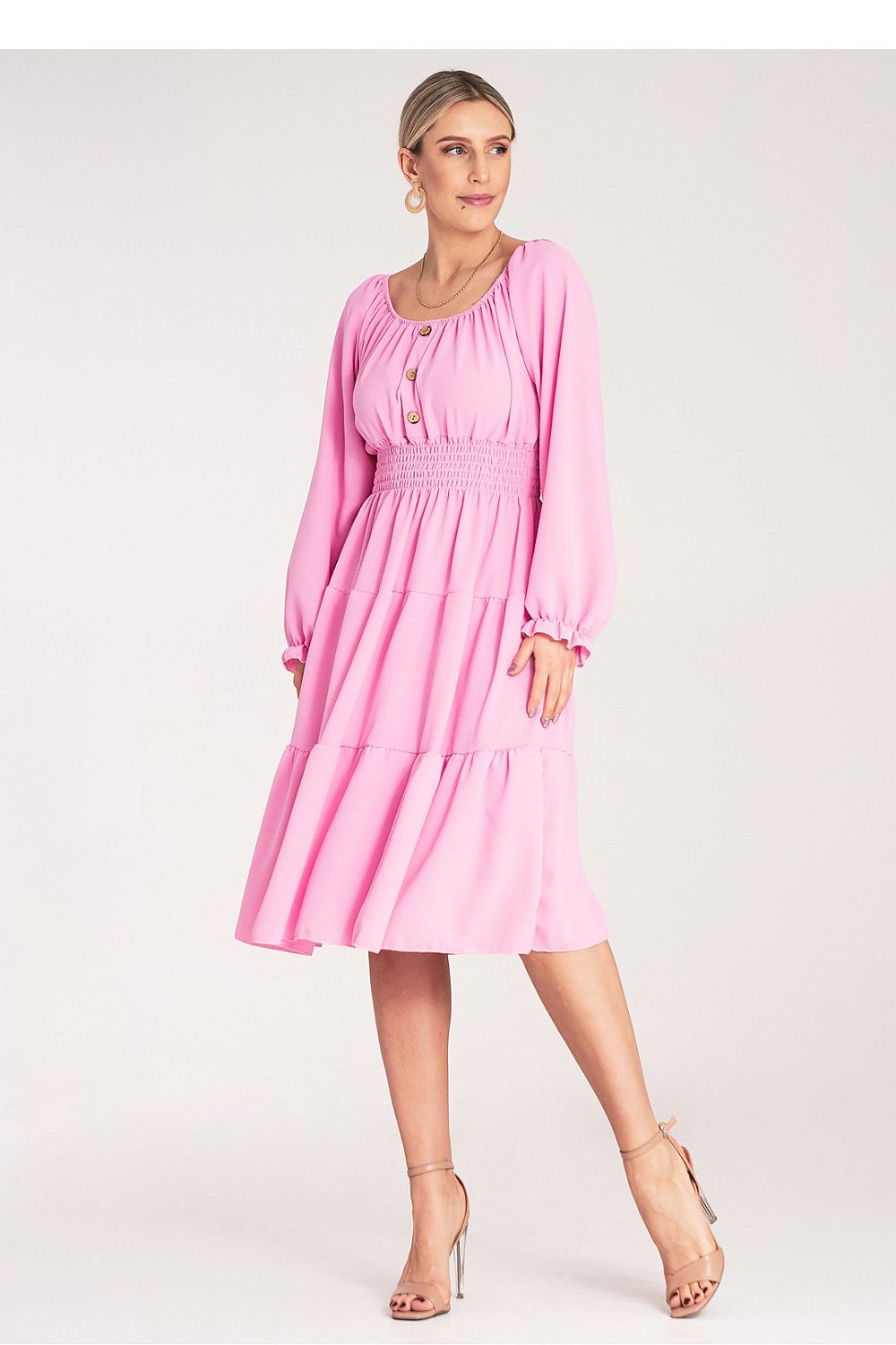 Elegant Figl midi daydress featuring a luxurious Spanish neckline with a ruched top and stylish wooden buttons, designed for sizes EU 0 (64-88 cm waist) - Perfect for sophisticated day events.