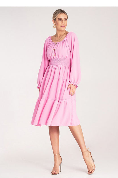 Elegant Figl midi daydress featuring a luxurious Spanish neckline with a ruched top and stylish wooden buttons, designed for sizes EU 0 (64-88 cm waist) - Perfect for sophisticated day events.