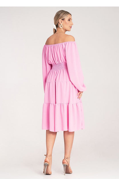 Stylish close-up of Figl's elegant midi dress showcasing the intricate ruched detailing and chic wooden buttons on a Spanish neckline, tailored for comfort and sophistication in EU size 0.