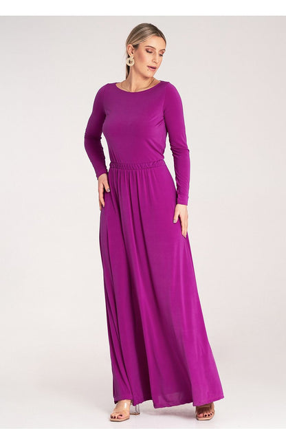 Sophisticated long-sleeve maxi dress by Figl featuring a flattering elastic waistband, crafted for comfort and style, in sizes S to XL.