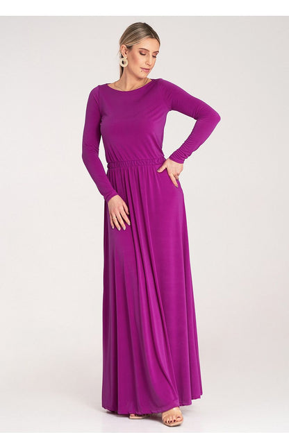 Elegant maxi dress featuring long sleeves and an elastic waist, designed by Figl. Available in sizes S to XL, perfect for a luxurious and stylish look.