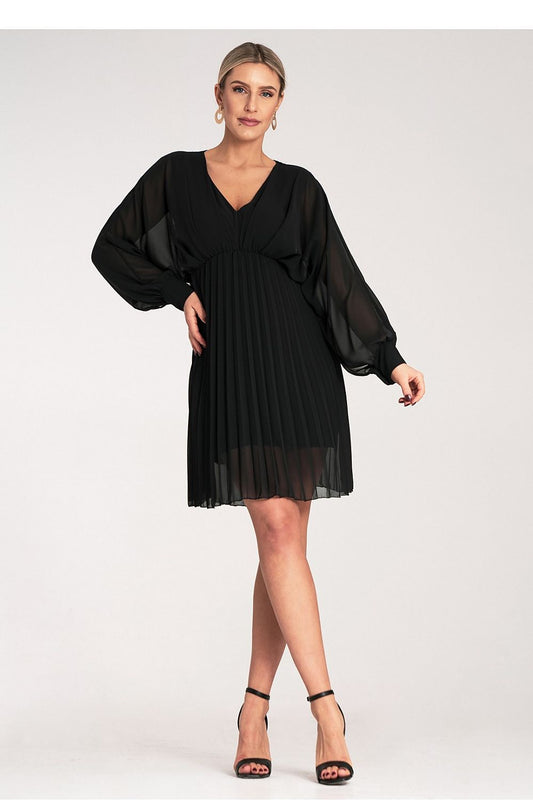 Luxury mini cocktail dress by Figl featuring a stylish kimono-style top and long chiffon sleeves, perfect for elegant evening outings.