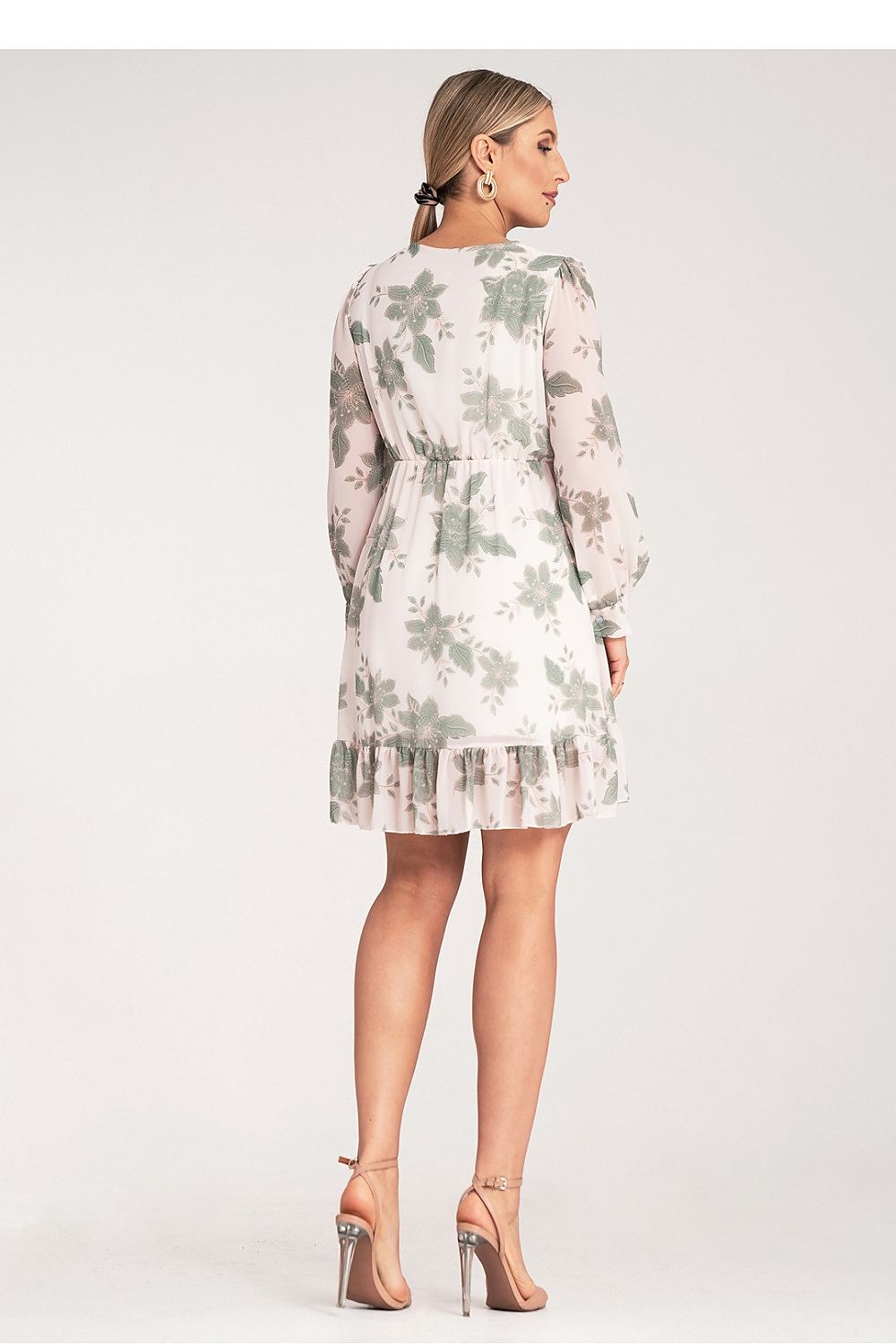 Airy Floral Midi Dress by Figl displayed on a mannequin, highlighting the feminine silhouette and elastic waist for comfort and elegance.