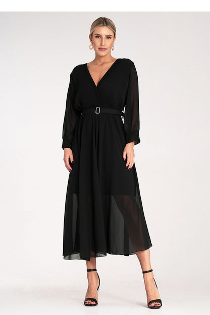 Elegant Figl maxi dress featuring a pleated wrap neckline, long sleeves, and a belted waist, perfect for a luxurious look.