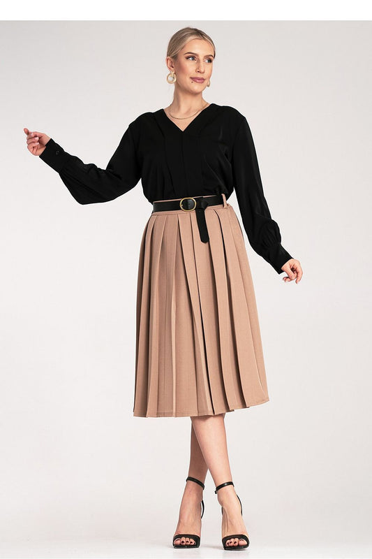 Elegant midi length pleated skirt by Figl, featuring a high waist design, stylish black belt, and made from premium polyester and spandex blend with sophisticated detailing.
