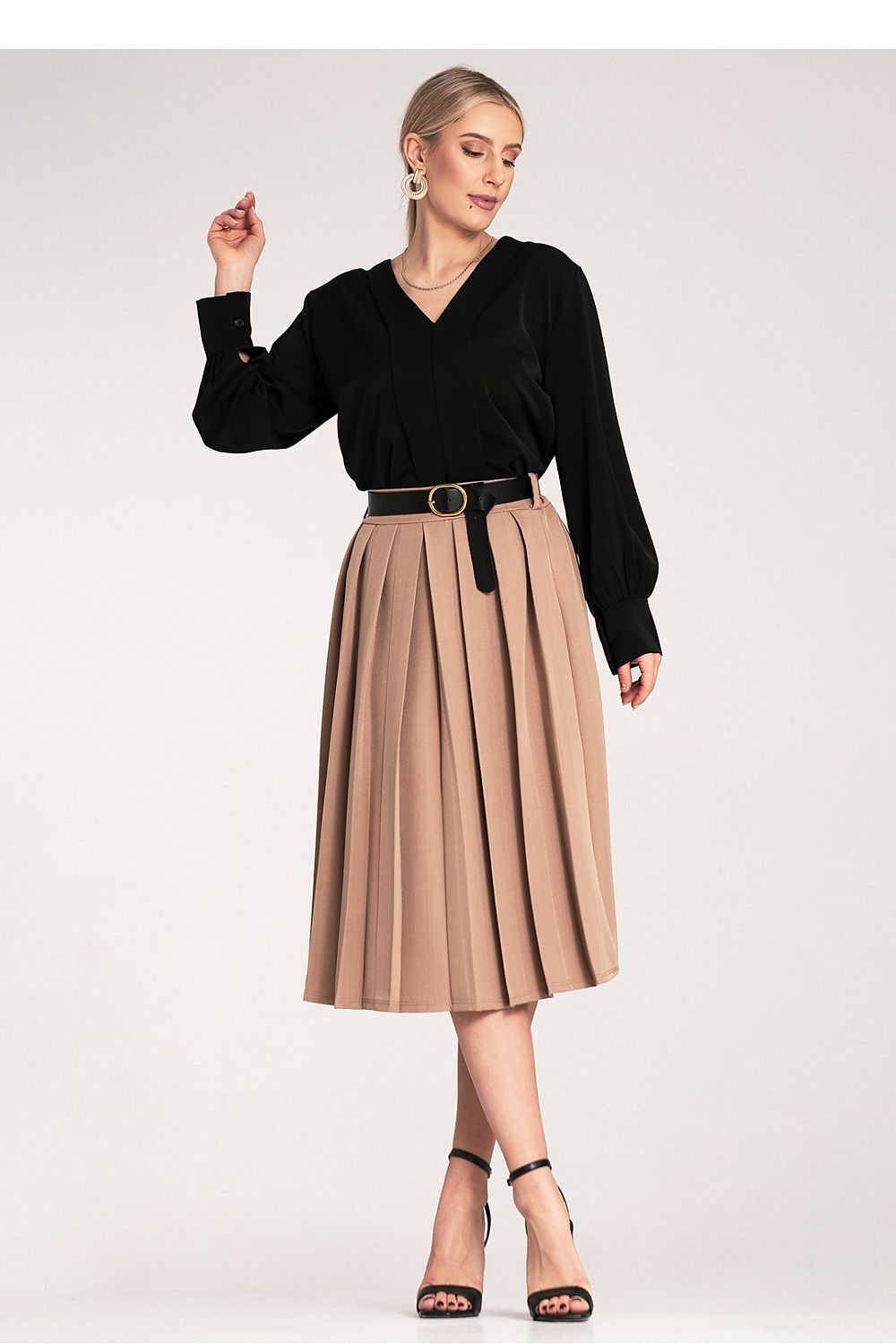 Elegant midi length pleated skirt with high waist, stylish belt, and luxurious fabric by Figl in EU S/M and US S/M sizes.