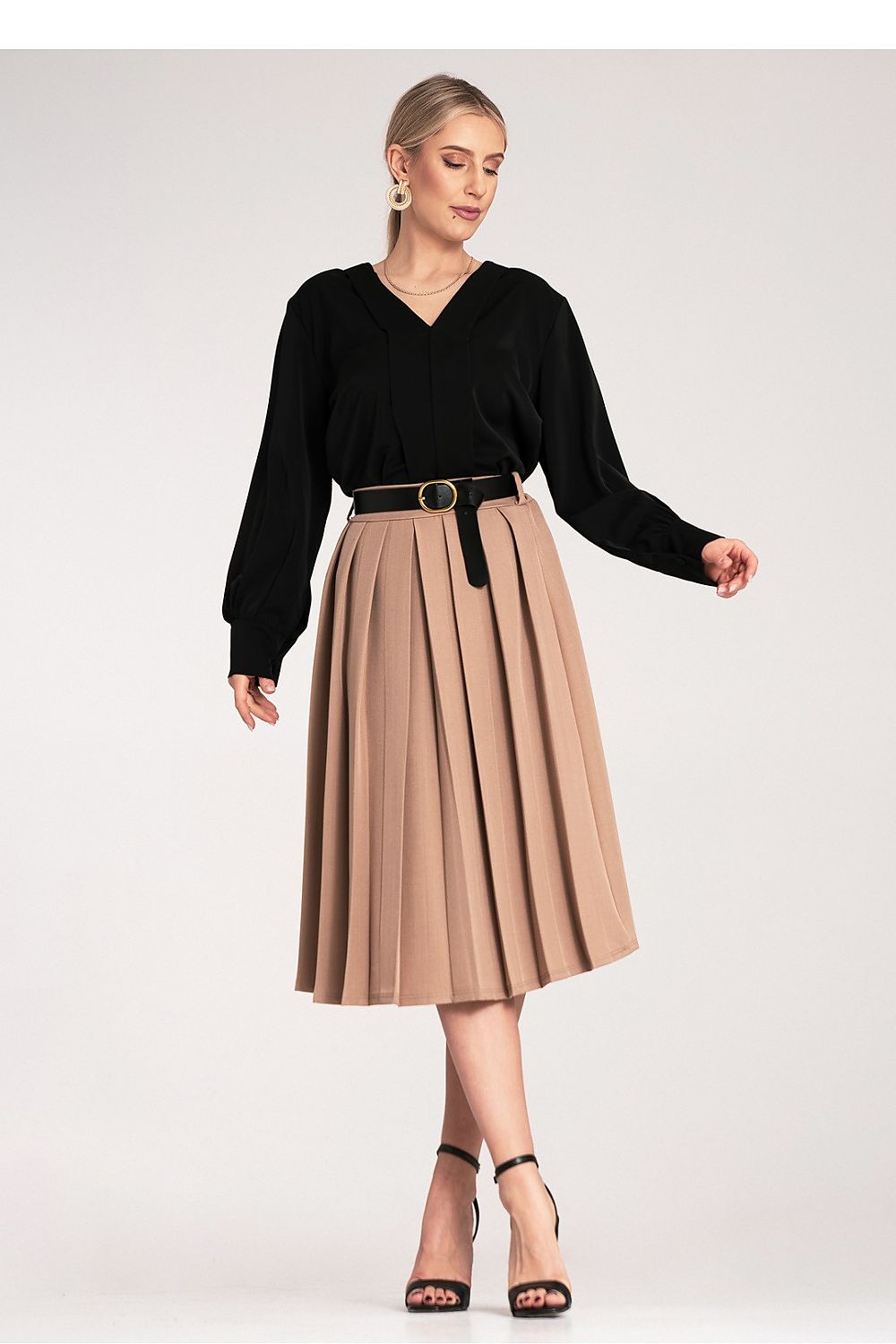 Full view of the stylish pleated midi skirt by Figl, showcasing its elegant design and flattering silhouette.