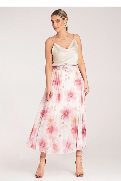 Elegant Floral Pleated Midi Skirt with High Waist Belt by Figl, showcasing a luxurious floral pattern, perfect for sophisticated occasions.