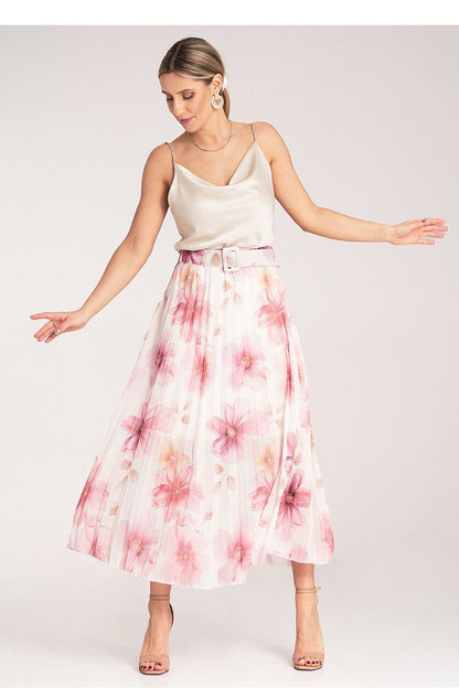 Close-up of the Floral Pleated Midi Skirt with High Waist Belt by Figl, highlighting the fine detailing and the flowing material that exudes elegance.