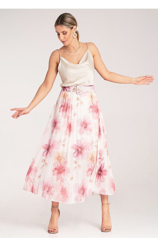 Close-up of the Floral Pleated Midi Skirt with High Waist Belt by Figl, highlighting the fine detailing and the flowing material that exudes elegance.