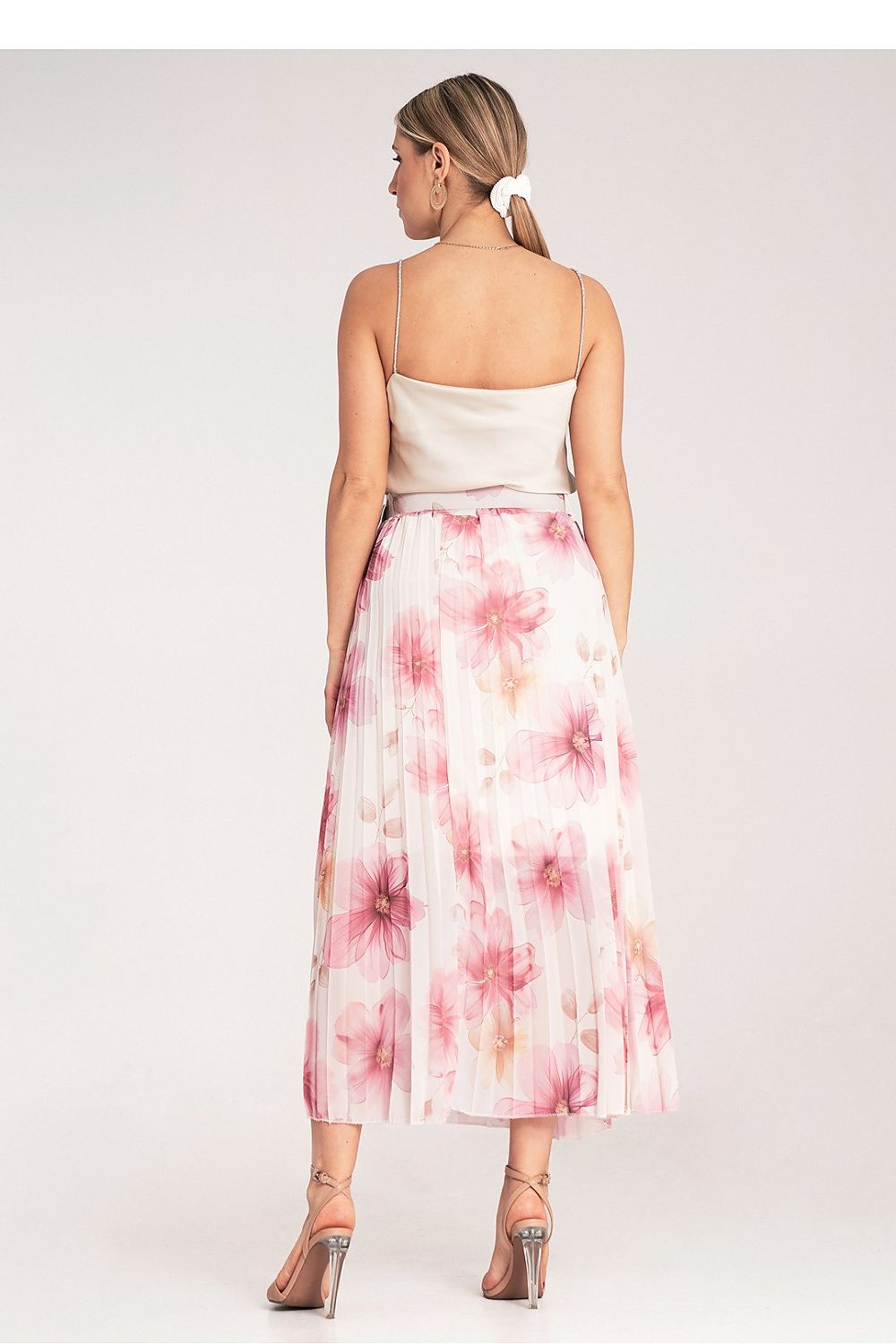 Elegant Floral Pleated Midi Skirt by Figl, showcasing the luxurious high waist design and flowing material.
