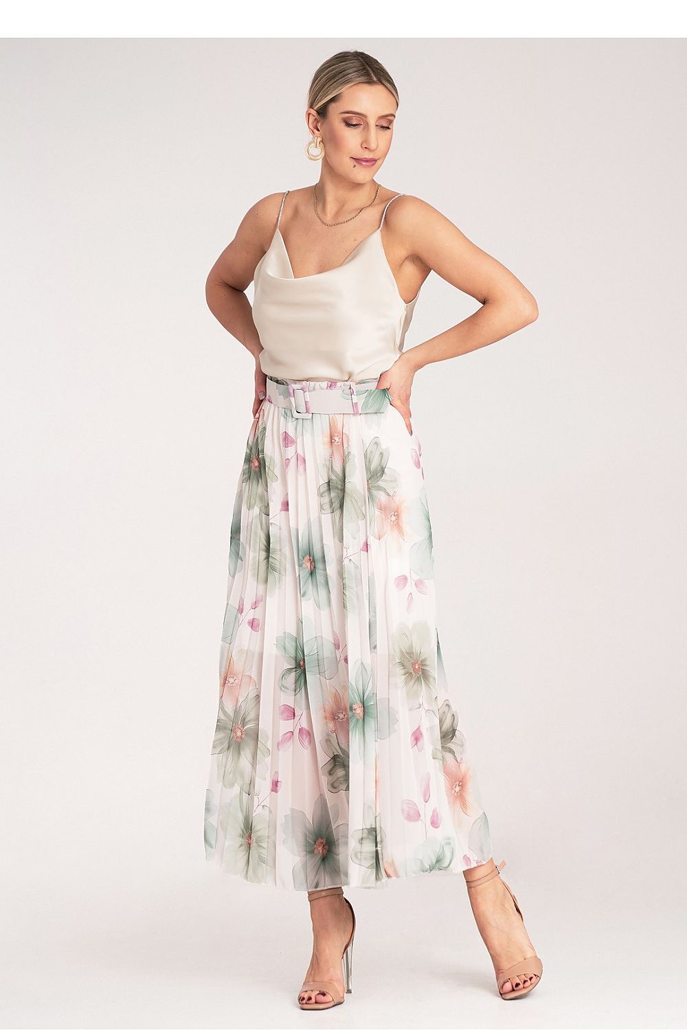 Elegant Floral Pleated Midi Skirt with High Waist Belt by Figl, showcasing a sophisticated floral pattern and a flowing design perfect for a refined wardrobe.